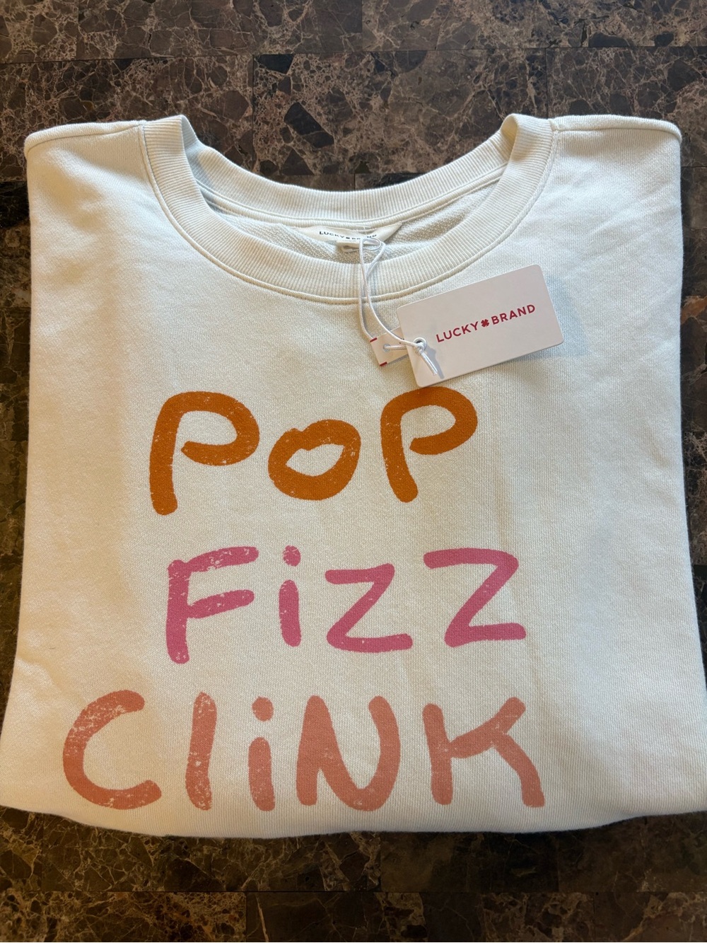 Lucky Brand Cream 'Pop Fizz Clink' Graphic Sweatshirt with Orange & Pink Print